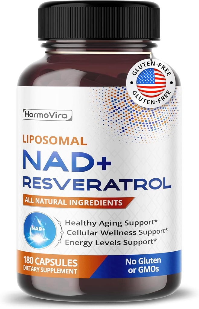 Liposomal NAD + 600mg med Resveratrol 200mg för cellulär energi och hälsosam åldrande - 180 kapslar - Vegan, icke-GMO, USA Made