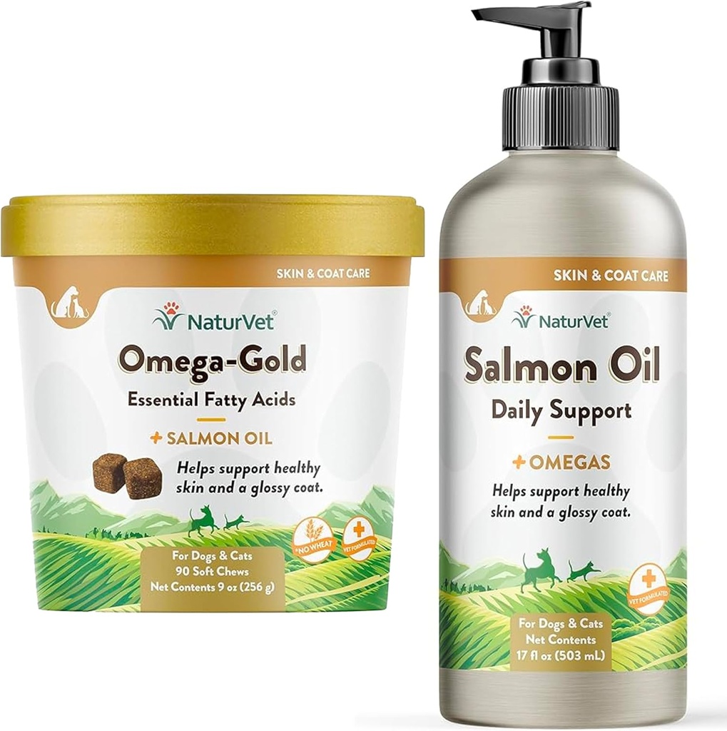 NaturVet - Salmon Oil Skin & Coat Plus Omegas - 17 Oz Oil - NaturVet - Omega-Gold Plus laxolja - 90 mjuka Chews