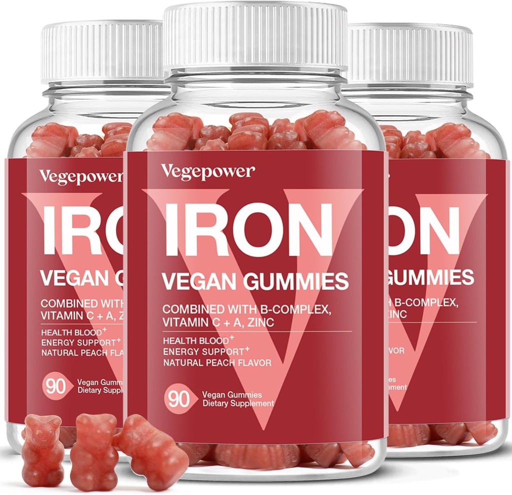 Rauta Gummies lisäravinteet naisille ja lapsille - Multivitamiinia rauta veren happi, Maksimi-vitamiini C-vitamiinia Max Imeytyminen - Vegan Pureskeltava, Peach Flavor (± 3 pakkausta)