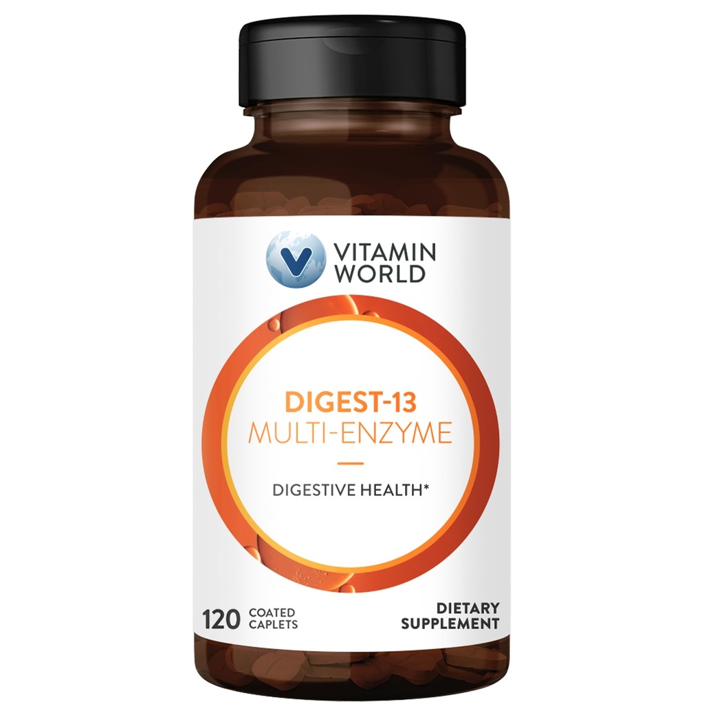 Maailman vitamiini Digest-13 Multi-Enzyme, 1010 mg Dgestive Enzymes Blend with Amylase, bromelain, Papain & Lipase for Digestion and Imeytyminen, Dgestive Enzymes for Bloating & Gas, 120 Caplets