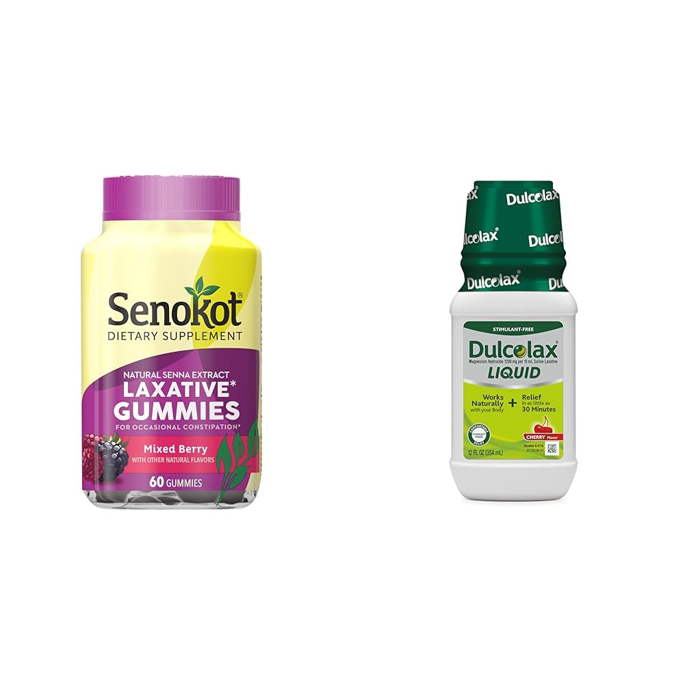 Senokot Dietary Supplement Laxative Gummies, Natural Senna Extract, Gentle & Dulcolax Liquid Laxative, Stimulant Free Laxative för bekväm lättnad, Cherry Flavor, 12 oz.