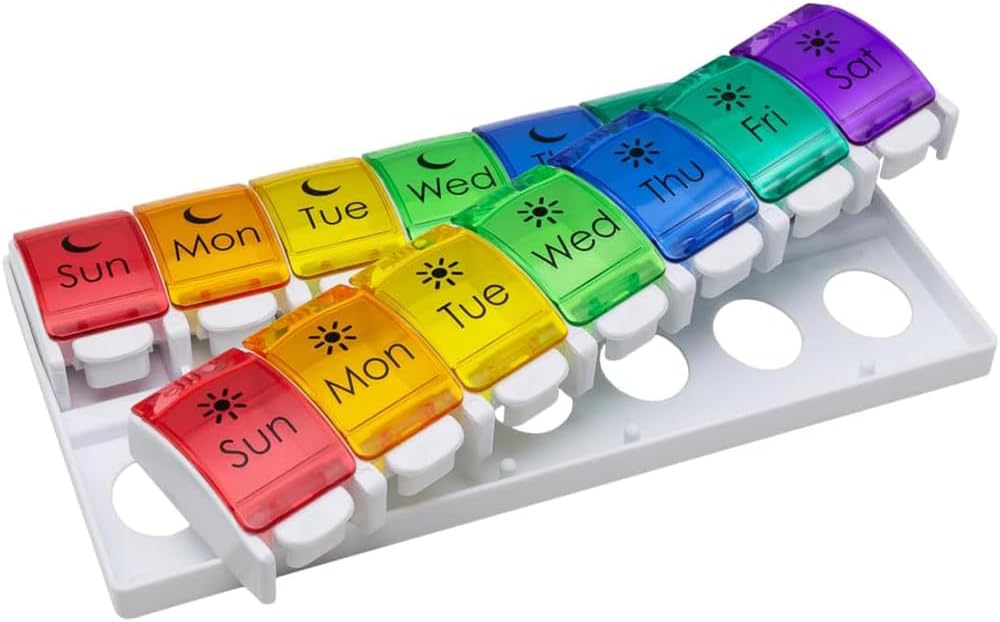 EZY Dose Weekly (7-päivä) Pilleri tapauksessa, lääkesuunnittelija, vitamiinin organizer, 2 Kertaa päivässä AM/PM, Removable tarjottimet, suuri painike osastot, helppo käyttää, niveltulehdus Ystävällinen, Sateenkaari Lids, BPA vapaa