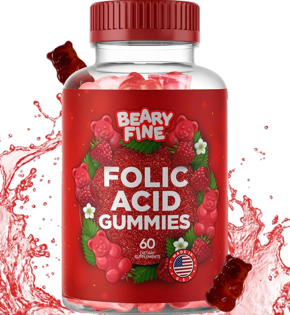 Folic Acid Gummies 400mcg - Essential Prenatal & Raskaus Gummy naisille, äidit & Vauva olla - 60 Vadelma Maustettu Folate Gummy Vitamiinit - Valmistettu Yhdysvalloissa