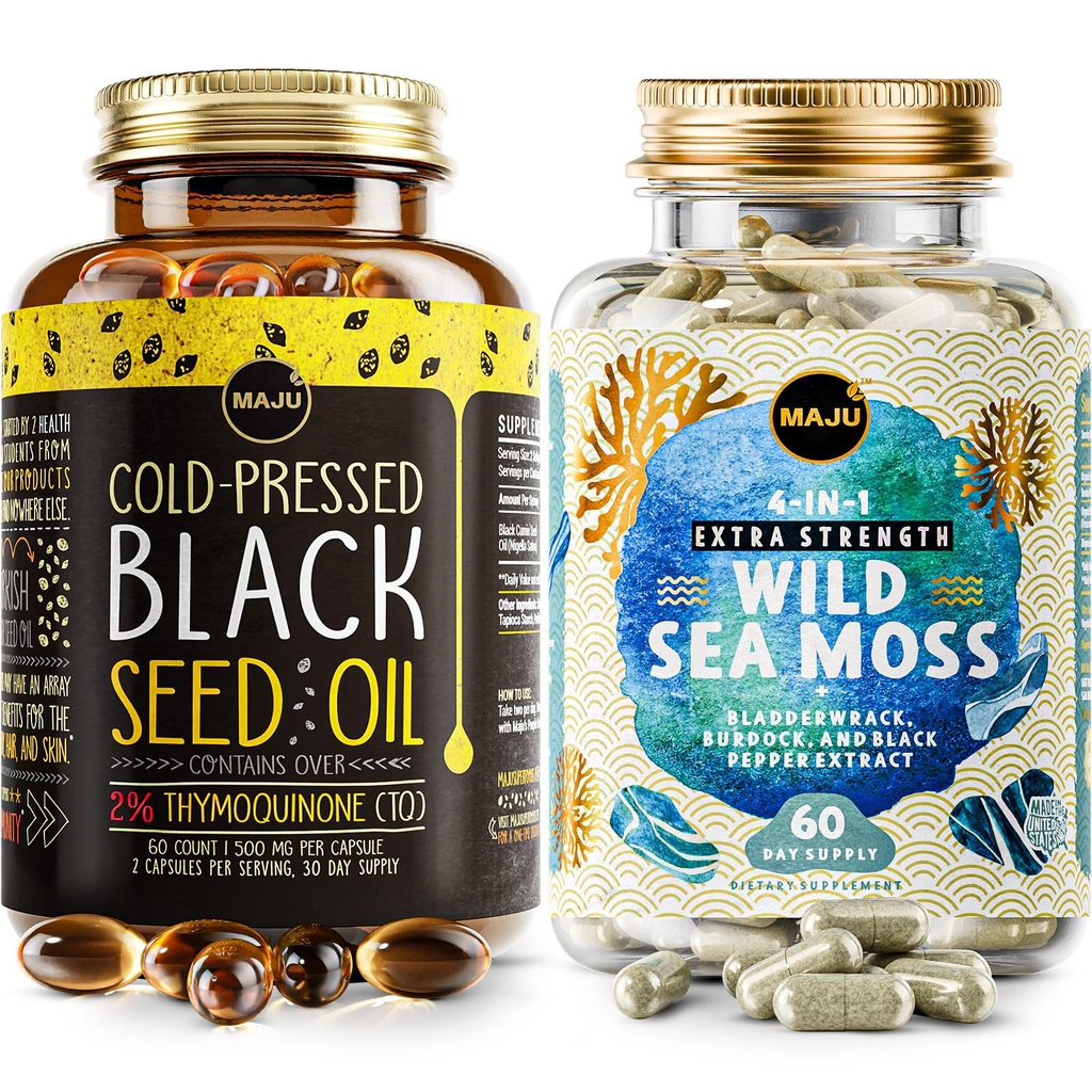 Maju Superfoods 4-in-1 Sea Moss Kapselit ja musta siemenöljy Kapselit Bundle