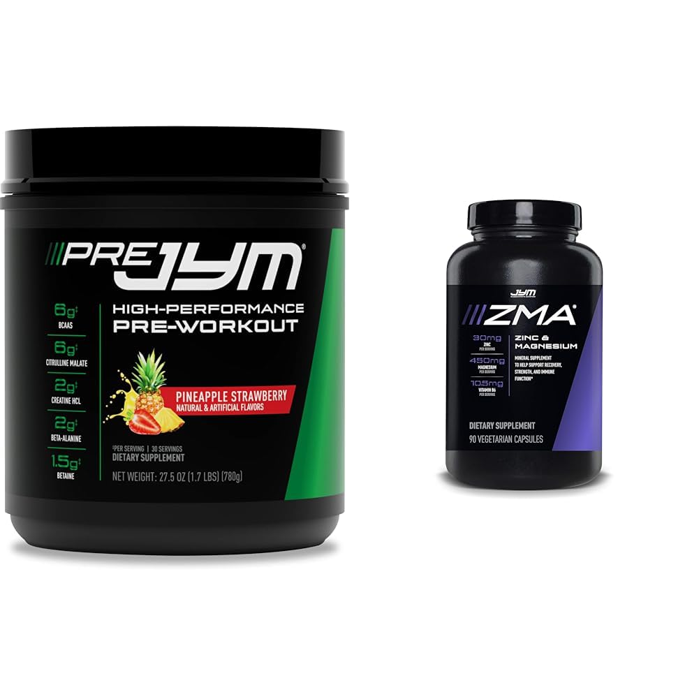 PRE JYM 30 Tarjoilu Ananas Mansikka & JYM ZMA Sinkki/ Magnesium kapselit täydentää 90 kasvissyöjä kapselit