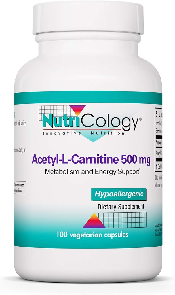 Nutricology Acetyl-L-Carnitine 500 mg täydentää - Aineenvaihdunta ja energia tuki, ALC, vapaa muoto Aminohappo, kasvissyöjä kapselit - 100