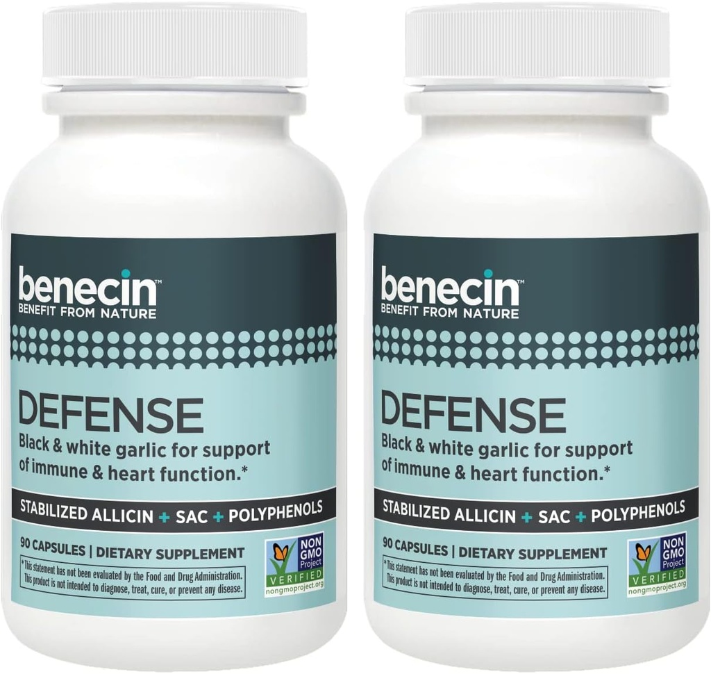Benecin försvar 1500 mcg stabiliserad allicin per kapsel | Plus höga mängder av SAC & polyfenoler från svart vitlök | Kraftfullt stöd av Immune & Heart Function Vegetarian Caps (1 greve av 180)