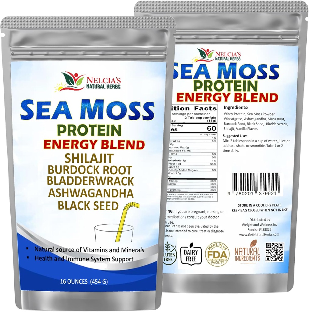 NELCIA: s NATURAL HERBS Sea Moss Ashwagandha Protein Powder -Natural Irish Sea Moss, Bladderwrack och Burdock Root, Black Seed och Shilajit Powder (16oz)