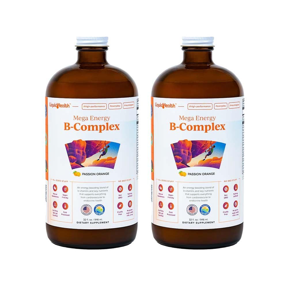 LIQUIDHEALTH Mega Energy Methodated B-Complex, aikuisten nestemäinen vitamiini täydentää - lisätä energiaa, lievittää stressiä ja väsymystä, immuuni tuki, sydämen ja suoliston terveys - valmistettu Yhdysvalloissa, Vegan, sokeriton (2 pakkaus)