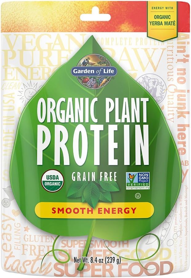 Elämänpuutarha Organic Plant Protein Smooth Energy Powder, 10 Tarjoilut - Vegaani, Grain Free & Gluteenittomat Kasvit Ravista Yerba Mate, B12-vitamiini, Probiootit ja entsyymit, 15g proteiinia