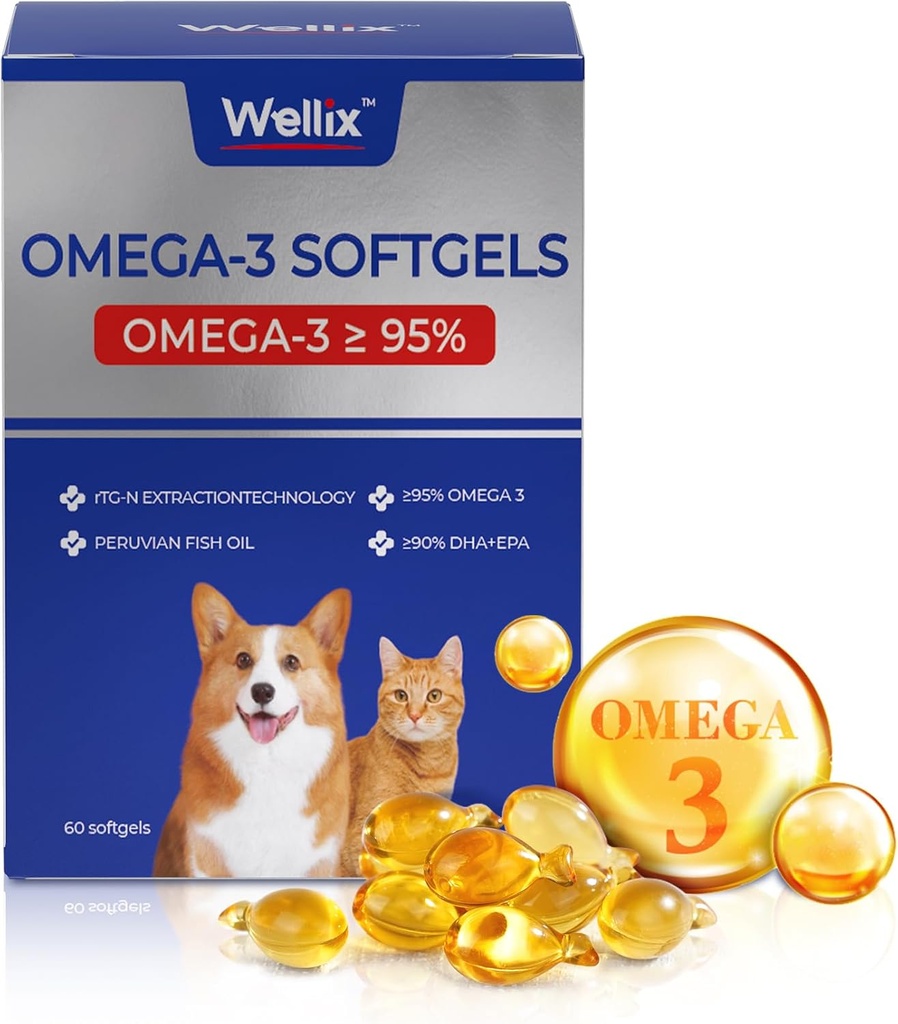 Wellix Pure Omega 3 Fish Oil for Dogs & Cats, iho ja takki lisäosa sheedding, edistää sydän, iho, takki, joint, & Immunoterveys, yli 95% Omega 3, Rich in EPA + DHA, 60 Softgels