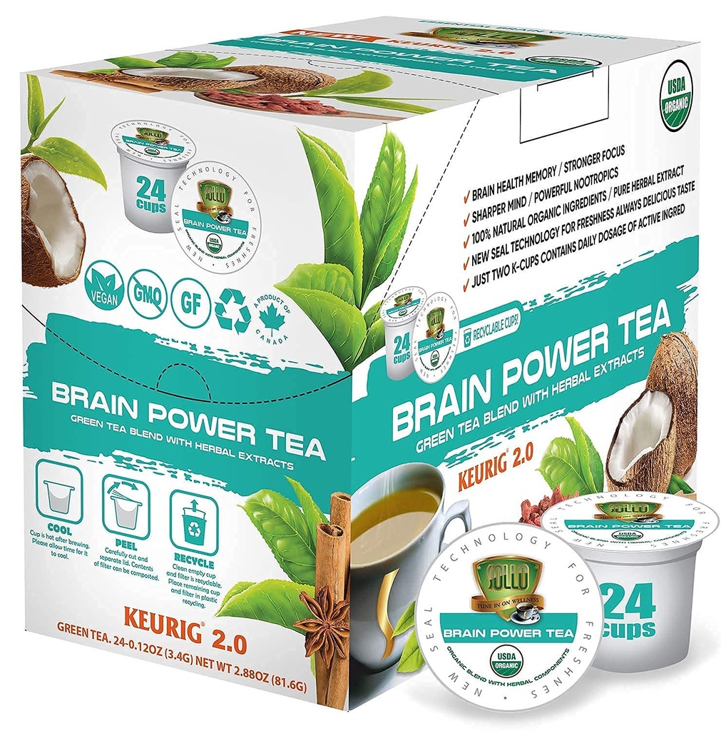 SOLLO Aivojen teho Luomu vihreät teekapselit MCT, Acai & Essential ravitsemus, nootrooppinen aivojen booster- parantaa muistia ja keskittyä Yhteensopiva 2,0 K-Cup Keurig Brewers, 24 Ct