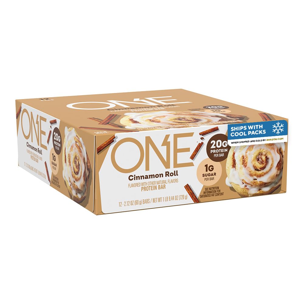 ONE Protein Bars, Cinnamon Roll, Gluten Free med 20g Protein och 1g Sugar, Pantry Staples, 2,12 oz (12 greve), Förpackning maj Vary