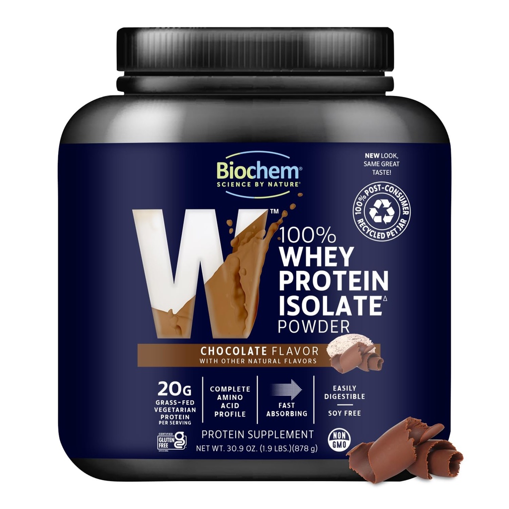 Biochem 100% Whey Isolate Protein Powder, Chocolate Flavor, 20g Gras-Fed Protein, Keto Friendly, Gluten Free, Vegetarian, Easily Digestible, 30.9 oz, 28 portioner