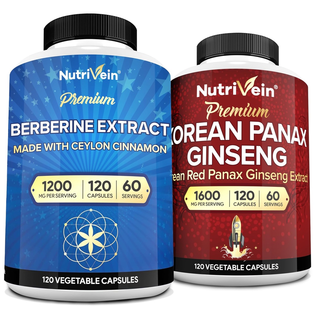 Nutrivein Premium Korean Panax Ginseng Supplement & Berberine Supplements Bundle: High-Absorption Berberine Complex & Genuine Red Ginseng Bundle för Daily Clarity, Vitality, & Wellness