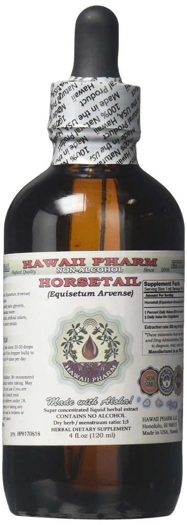 Hevosenhäntä Alkoholiton Nesteuute, Organic Horsetail (Equisetum arvense) Kuivattu Herb Glycerite Havaiji Pharm Natural Herbal Supplement 4 oz