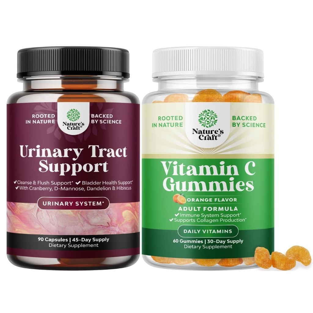 Bundle D Mannose Kapselit virtsateiden terveys naisille Nopeasti toimivat Super voimisteltu karpalo 90ct ja pureskeltava C-vitamiini Gummies aikuisille - Halal C-vitamiini Immuuni tuki Gummies