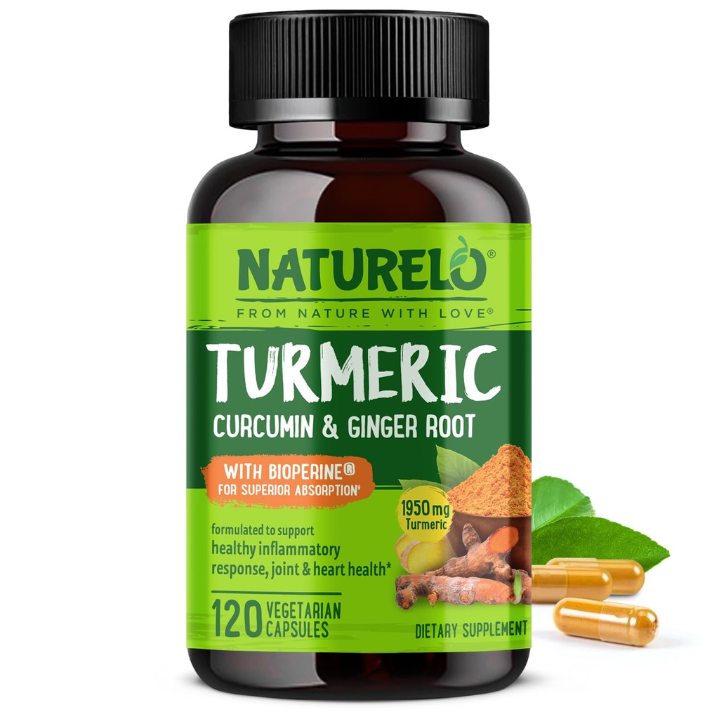 NATURALLO Turmeric Curcumin - BioPerine parempaan imeytymiseen - Mustapippuri, inkiväärijuuri, kurkuminoidit - Kasvipohjainen Joint Epämukava tuki - 120 Vegan kapselit