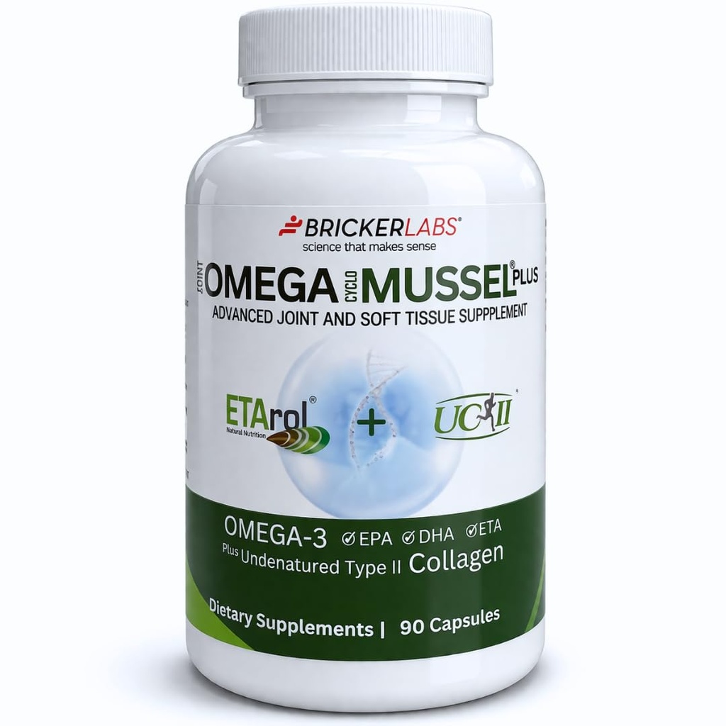 Bricker Labs Omega Cyclo - Mussel Plus UC- II, Premium NZ Green Lipped Mussel Plus UC- II Denaturoimaton tyyppi II Collagen, Ultimate Joint Supplement for Joint Health and Comfort, 90 kapselia