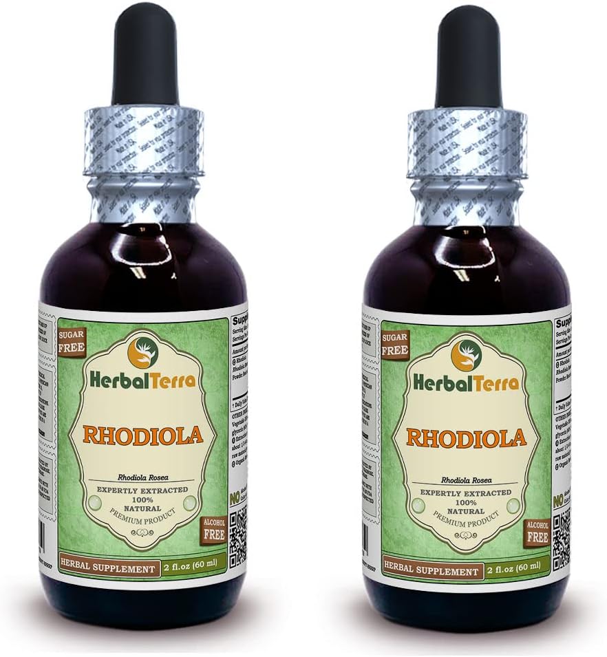 Rhodiola (Rhodiola Rosea) Glyseriitti, Luomukuivatut juuria Alkoholiton nesteuute (Brandin nimi: HerbalTerra, ylpeästi valmistettu Yhdysvalloissa) 2x2 fl.oz (2x60 ml)