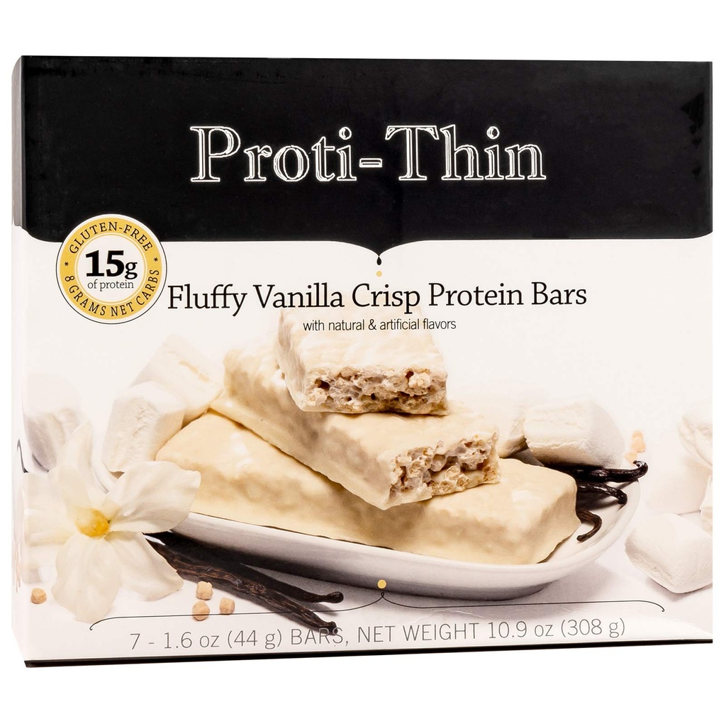 Proti-Thin Fluffy Vanilla Crisp Protein Bars, 15g Protein, Low Calorie, Erittäin alhainen carb (VLC), Low Fat, High Fiber Välipala Bar, KETO Ruokavalio Friendly, Ihanteellinen proteiini Yhteensopiva, Ei Gluteenittomia ainesosia, 7 /Box
