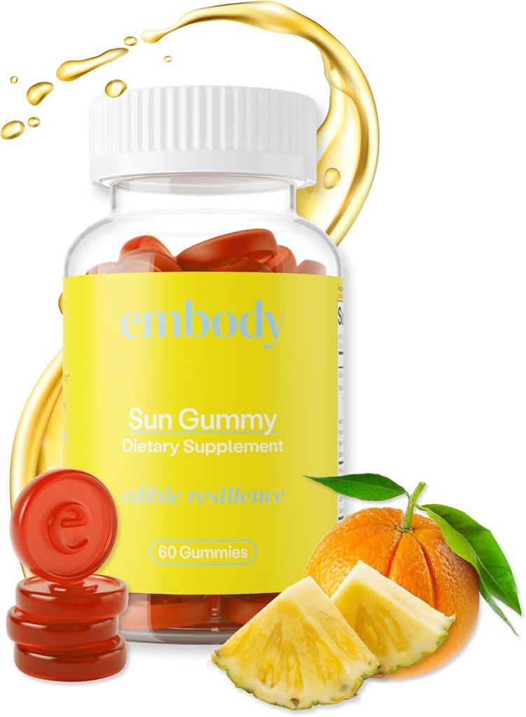 Embody Antioksidantti Sun Gummy, Orange Ananas Flavor, Fern Extract täydennysosa anti-aging, Tummat kohteet, terve iho - edistää kollageenin tuotanto, C-vitamiini, Selenium (60 Count, Orange Ananas)
