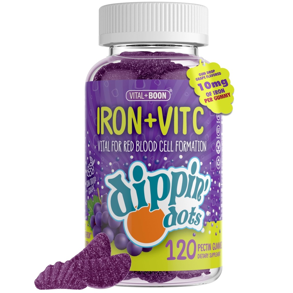 Järn med vitamin C & B12 Gummies (120 greve) Vital för Red Blood Cell Formation | Gum Drop Grape Real Pectin Fruit Chew Supplements | Vegan, Non-GMO, Gluten Free & Gelatin Free