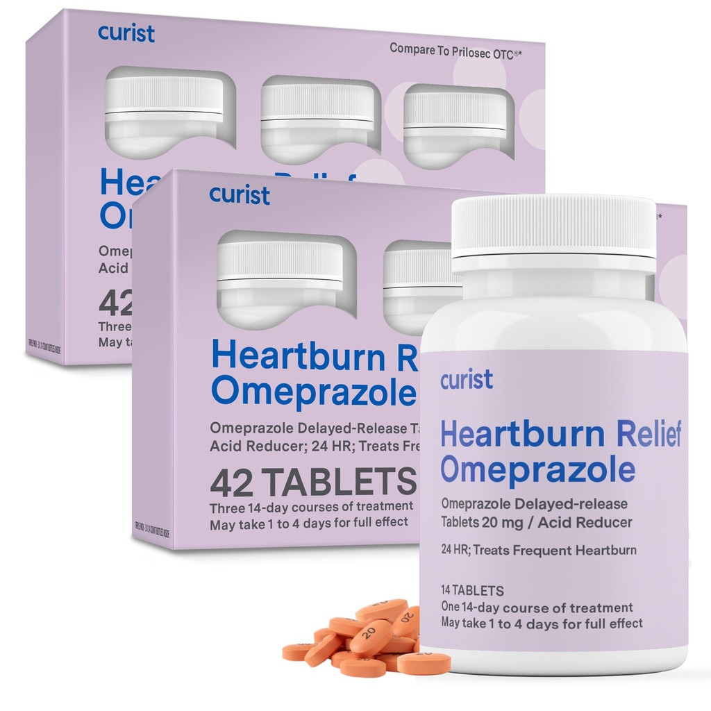 Curist Omeprazole 20 mg Tabletit Bulk Pack - 84Count Viivästyneet tabletit - Acid Reflux Medicine for Heathburn Relief (2 pakkaus 42 tablettia - 84 yhteensä)