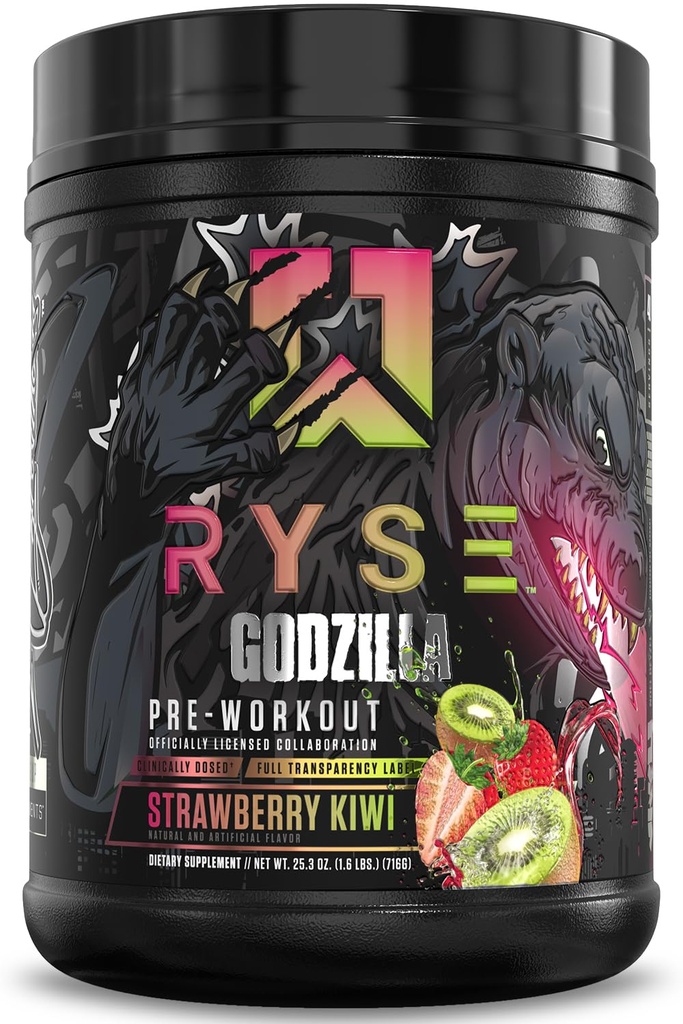RYSE Godzilla X Noel Deyzel Pre Treenout Powder - Mansikka Kiivit - 400 mg Kofeiini, High Stim Pre-Workout miehille & naisille Citulline & Beta Alanine - energia, pumppaus & Focus - 20/40