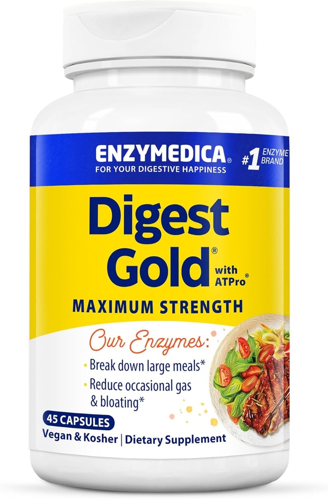 Enzymedica Digest Gold + ATPro, Maximum Strength Dgestive Enzymes, Auttaa Digesest Large Ateriat Instant Bloating Relief, 45 kapselia