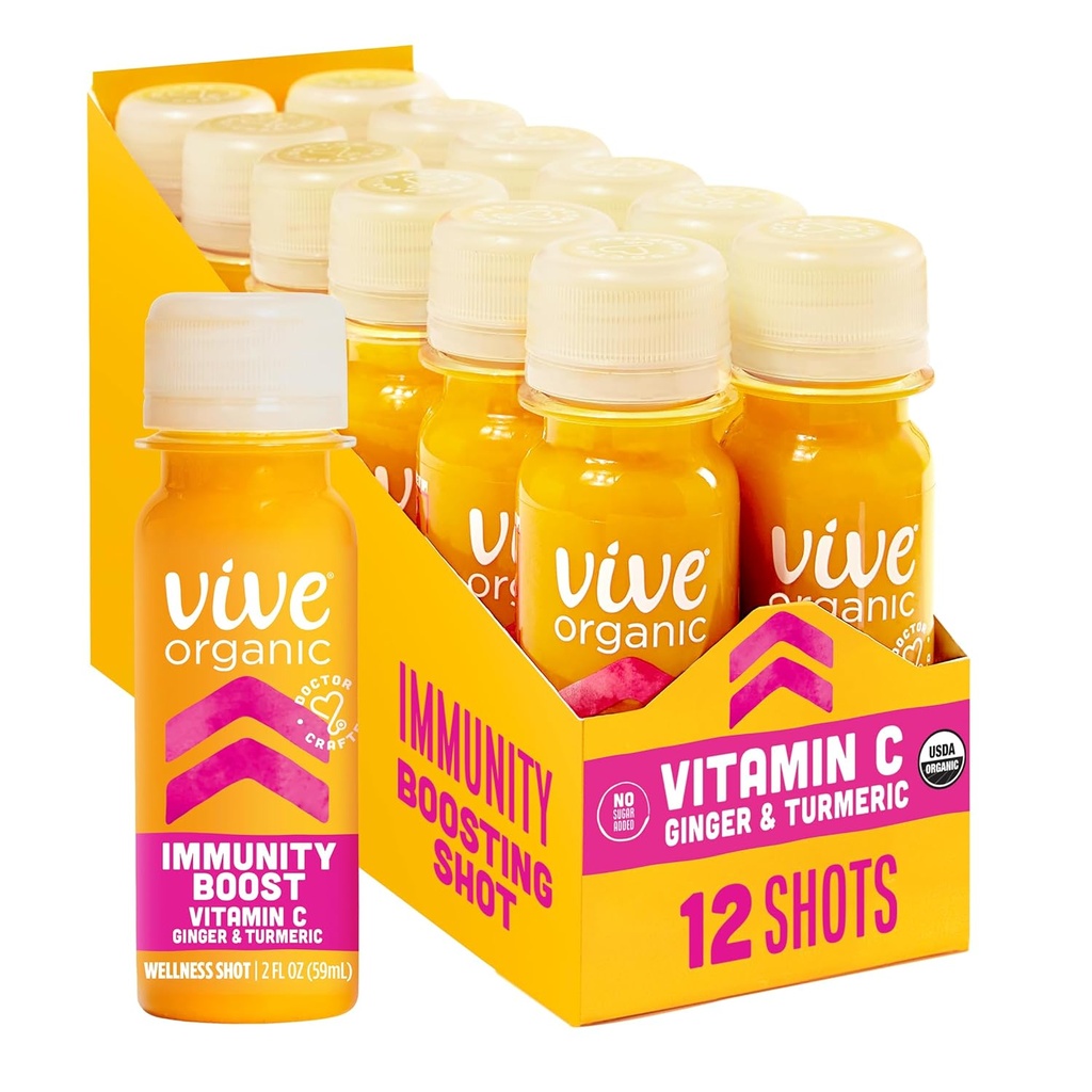 Vive Organic C-vitamiini + Immuunituki Shot, kylmäpaineinen Turmeeric, Inkivääri & Acerola Cherry, Gluteeniton, Vegan, Immuniteetti Boost C-vitamiini, 2 Fl Oz (Pack of 12)