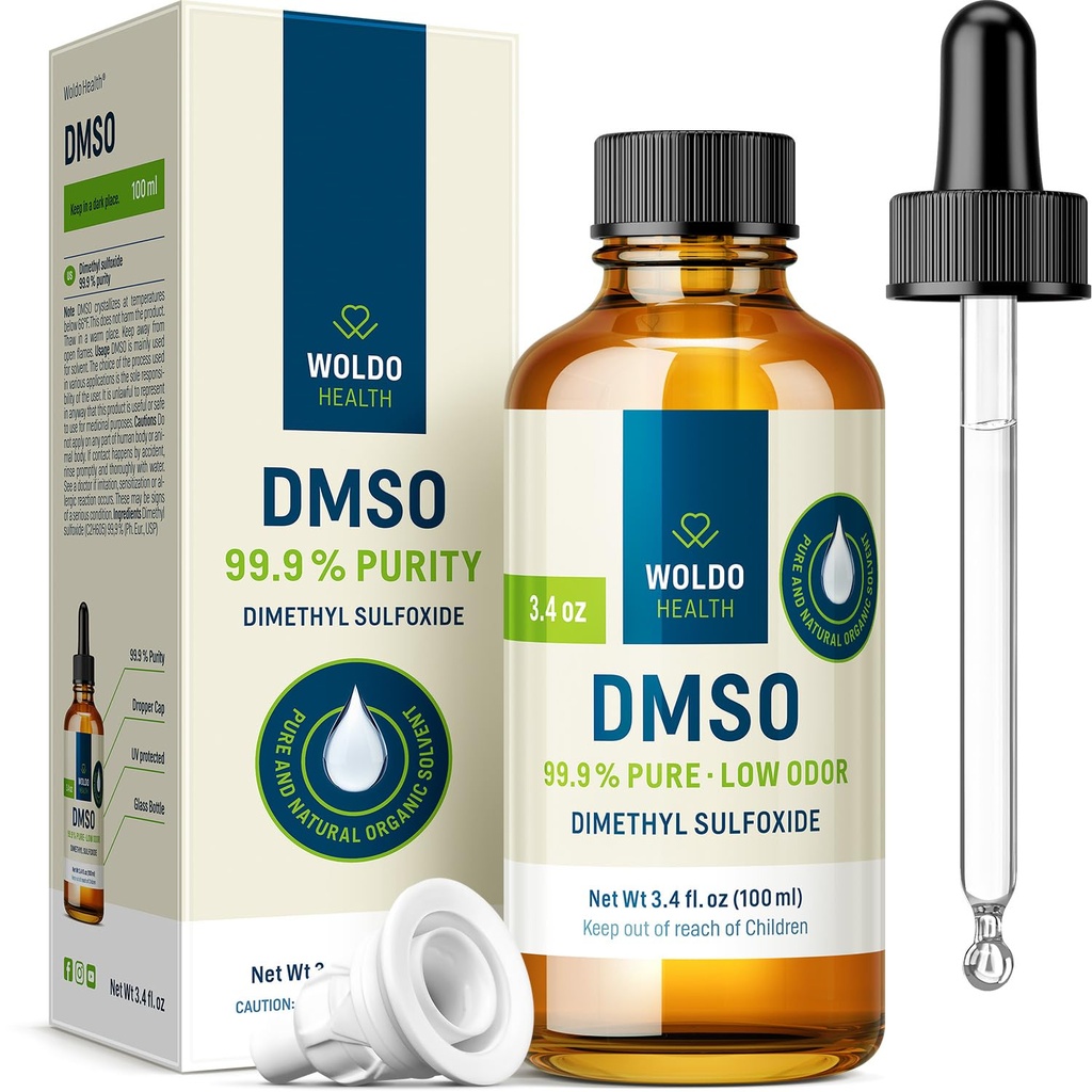 WoldoHealth DMSO 99, 9% Pharmaceutical Grade - FT- IR Varmennettu dimetyylisulfoksidi, alhainen Odor liuotin lasipullossa Precision Dropper (3, 38 oz)