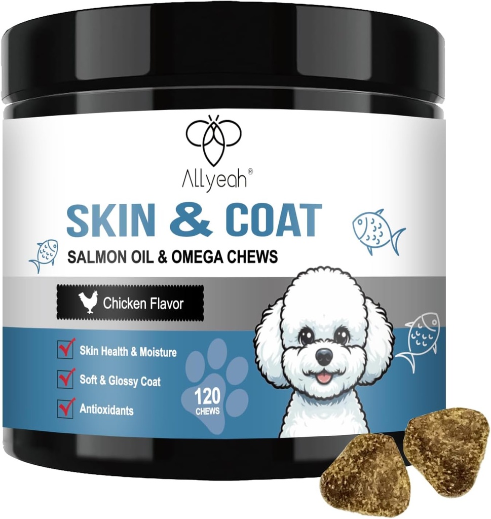Omega 3 Fish Oil for Dogs, Salmon Oil Skin and Coat Supplement for Dog Allergia Relief, Dry & Itching Skin Relief Treatment, Allergia Chews - Dog Anti Shedding Treatments - Shiny Coats - EPA & DHA