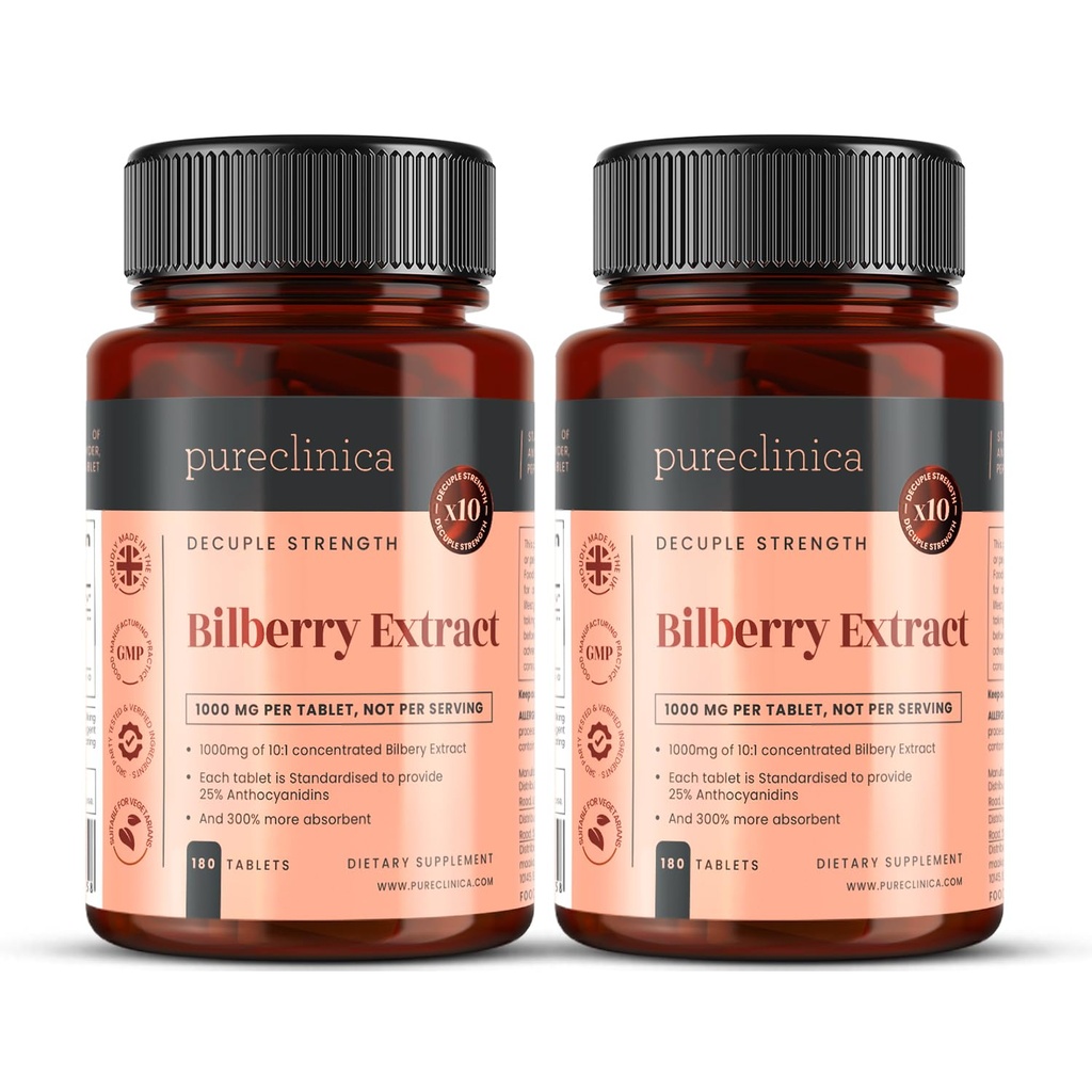 Pureklinica Bilberry Extract 10 000 mg x 360 tablettia (2 purkkia) - 10 X Lisää Antosyanidins w/ 5 mg Black Pepper Extract