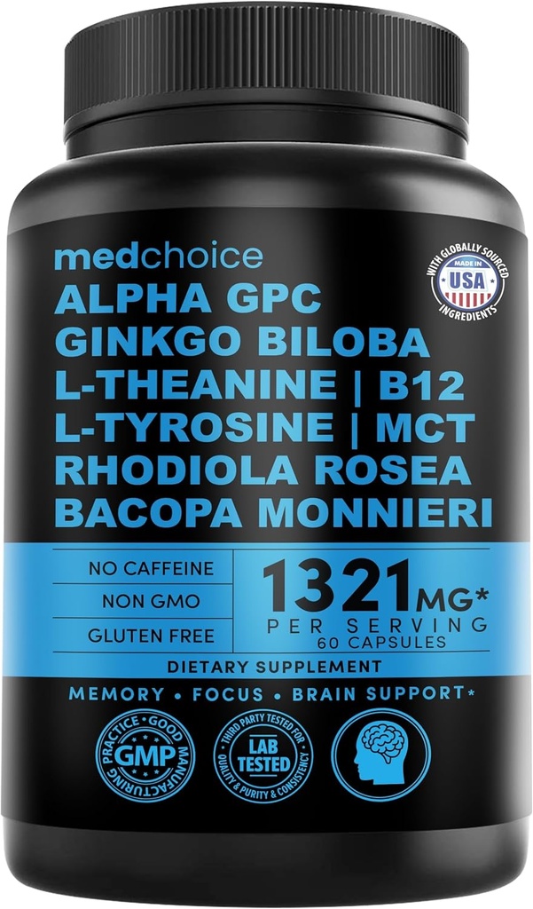 12-in-1 Nootropic Ginkgo Biloba aivojen tuki, muisti ja keskittyä - B12, Alpha GPC, L Theanine ja koliini täydentää Bioperine ei kofeinoitu 1321mg (60ct)
