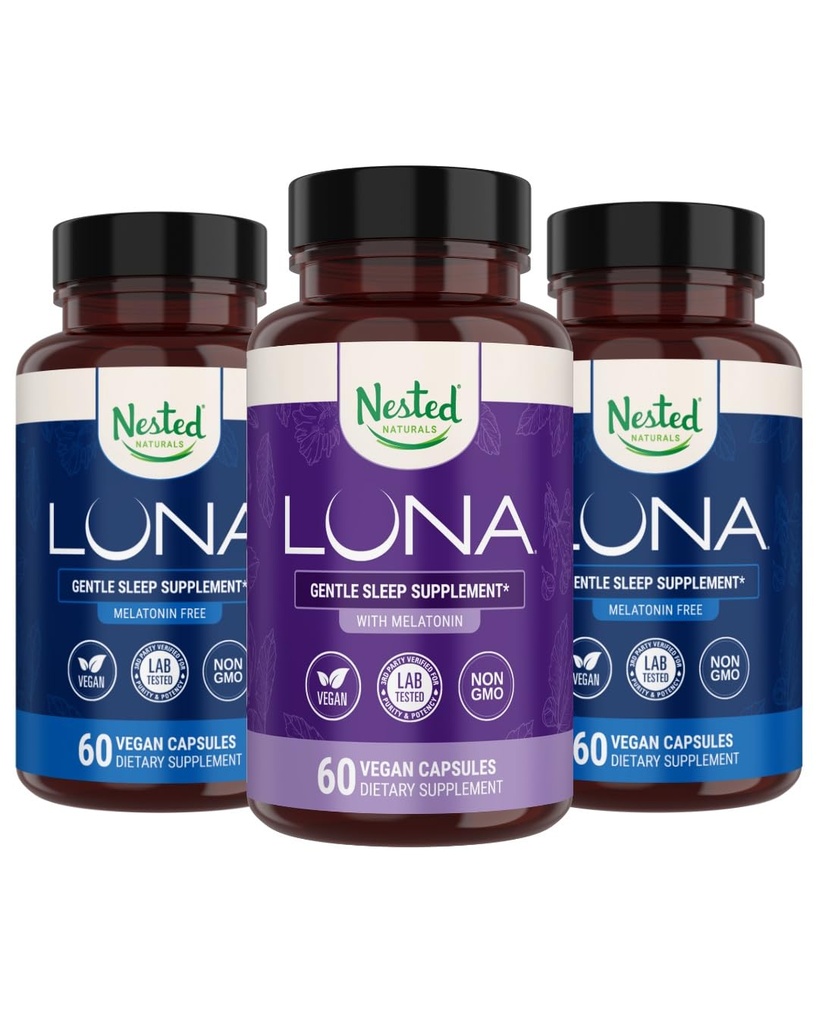 Nested Naturals Luna Melatoniinivapaa (120 Vegaanikapselia) & Luna Natural Sleep Aid with Melatoniini (60 Vegaanikapselia) for Deep Sleep Sleep