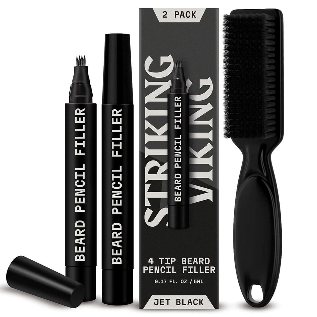 Striking Viking Beard Pencil Filler for Men - Pakkaus 2, Jet Black - Vedenpitävä Long-Lasing Beard Pen - 4-Pronged Vinch for Gap Repair & Barber Pencil - Soft Bristle Brush & Pen Filler