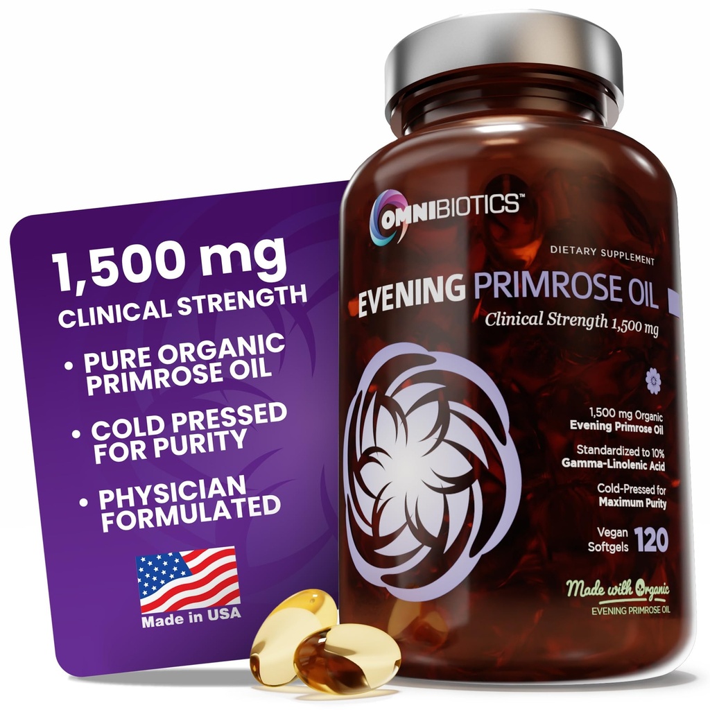 OmniBiotics Organic Evening Primrose Oil for Women Kliininen vahvuus 1500 mg per kapseli, 10% GLA, kylmäpaineinen, ei-GMO, Hormonitasapaino naisille 120 Vegan Softgel Kapselit
