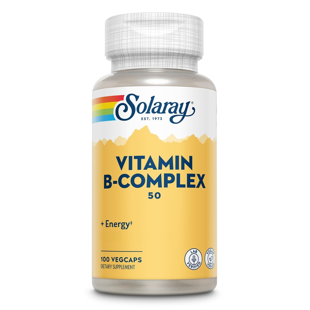 SOLARAY Vitamin B Complex 50 mg - Cellular Energy Vitamins - Metabolism och Nerve Health Support med vitamin B12, vitamin B1, B6, Niacin, Folic Acid, Biotin och andra B-vitaminer - Vegan, 100 VegCaps