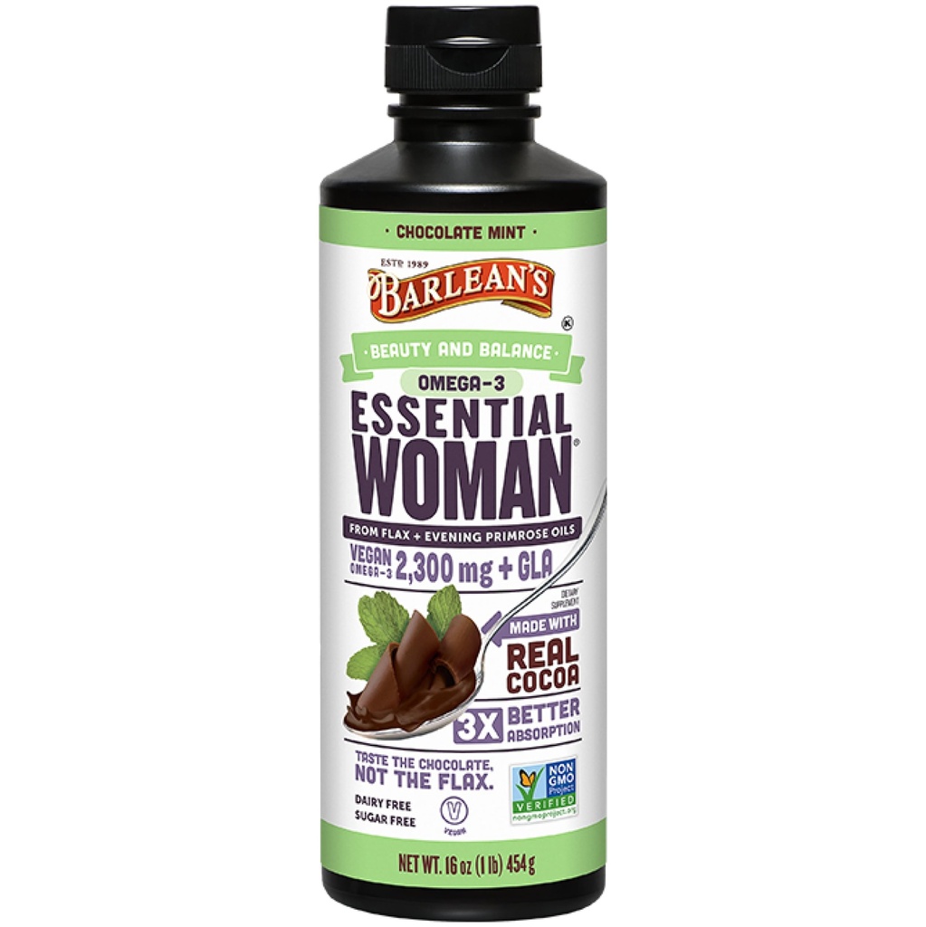 Barleans Essential Woman Chocolate Mint Liquid Supplement från Flaxseed, Evening Primrose Oil & Soy Isoflavones, Omega 3 6 9 och GLA, Hormonal Balance & Healthy Hair and Skin, 16 oz