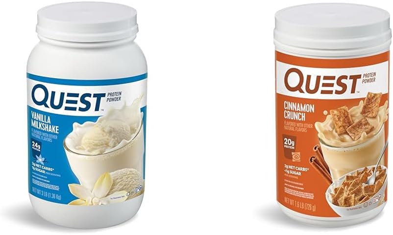 Quest Nutrition Vanilla Milkshake Protein Powder, 24g Protein, 1g Sugar, Low Carb, Gluten Free, 3 Pound, 43 portioner och Cinnamon Crunch Protein Powder, 20g Protein, 2g Net Carb, 1g Sugar