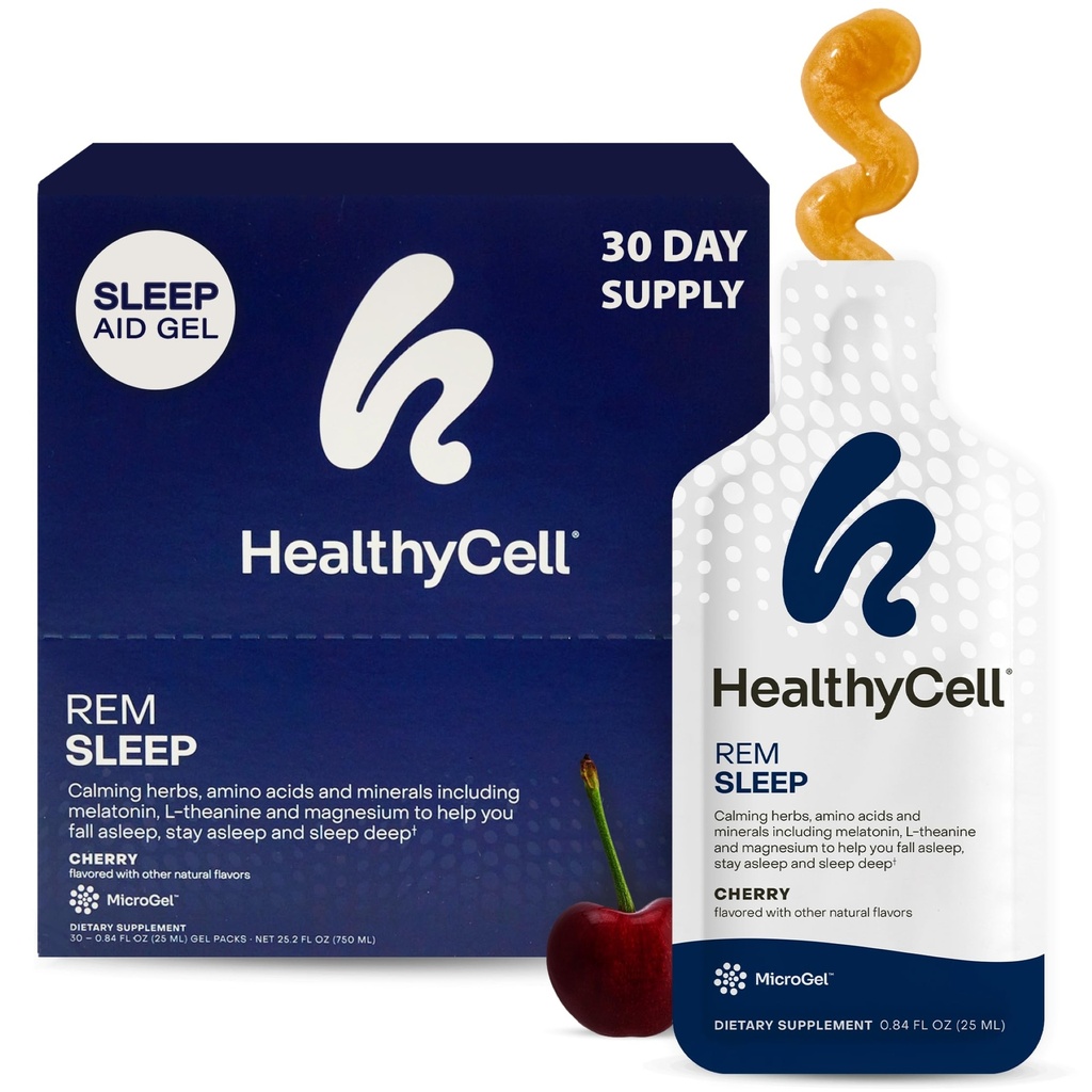 Healthycell REM uniapu lisäravinteet aikuisille - Liquid Gel Extra Strength Sleep Supplement Melatonin, Magnesium, L-Theanine, GABA & Natural Calming Yrtit - 30 Gel Packs, Cherry Flavored