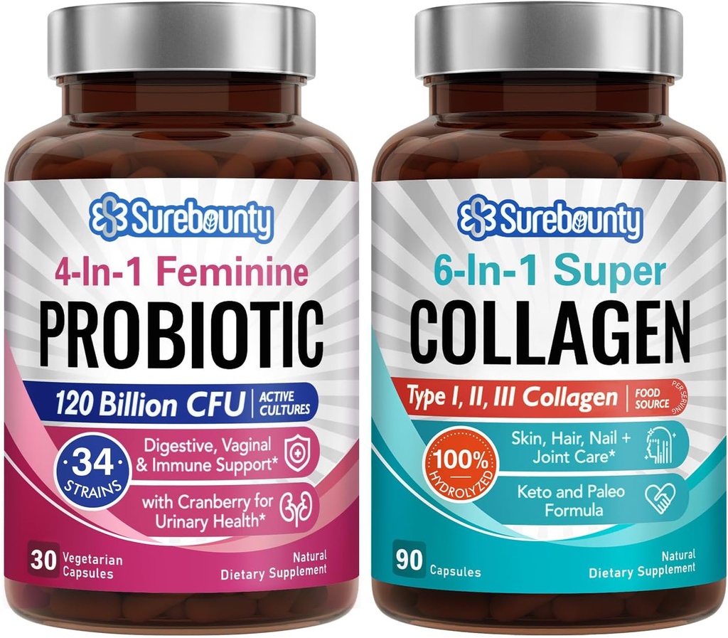 Probiootti + Collagen Bundle, 4-in-1 Feminiini Probiootti (30ct) & 6-in-1 Super Collagen (90ct), 2 pakkausta, karpalo, Ruoansulatuskanavan ja terveen ikääntymisen tuki, ei-GMO