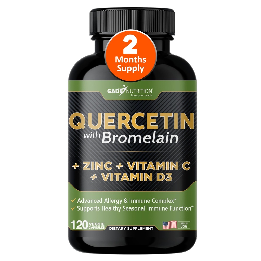 Gade Nutrition Quercetin med Bromelain Vitamin C och Zink Vitamin D3 | Immune Support Supplement i kapslar | Non-GMO, Gluten-Free, Vegan | Tillverkad i USA | 2 Månadsförsörjning