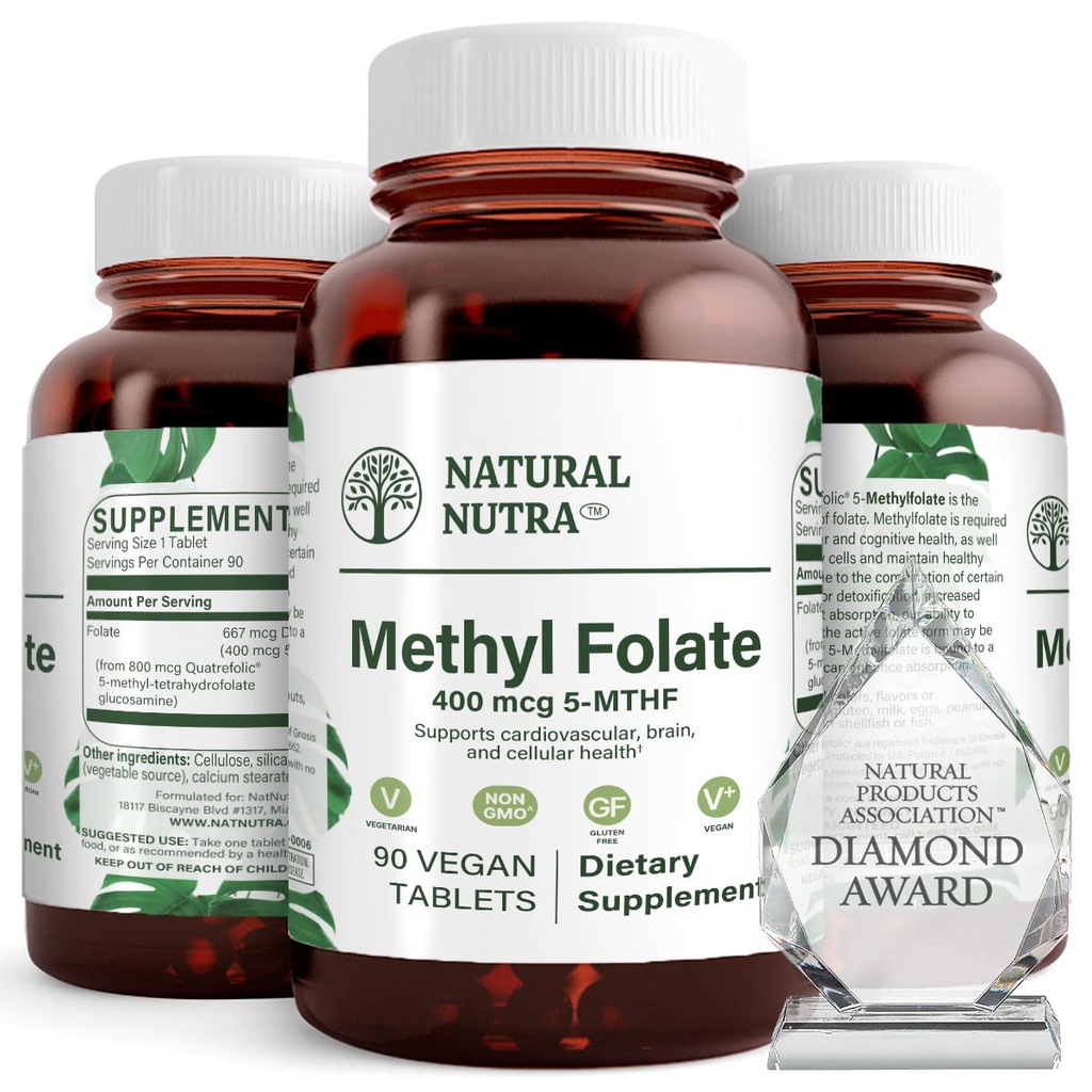 Natural Nutra Active Metyyli Folaatti täydennysosa Quatre folic, Tuki Sydämen ja kehon terveys, auttaa aivojen terveys, parantaa positiivisia viboja, auttaa vähentämään luu-Tired, B9, 90 Vegaanitabletit (paketti 2)