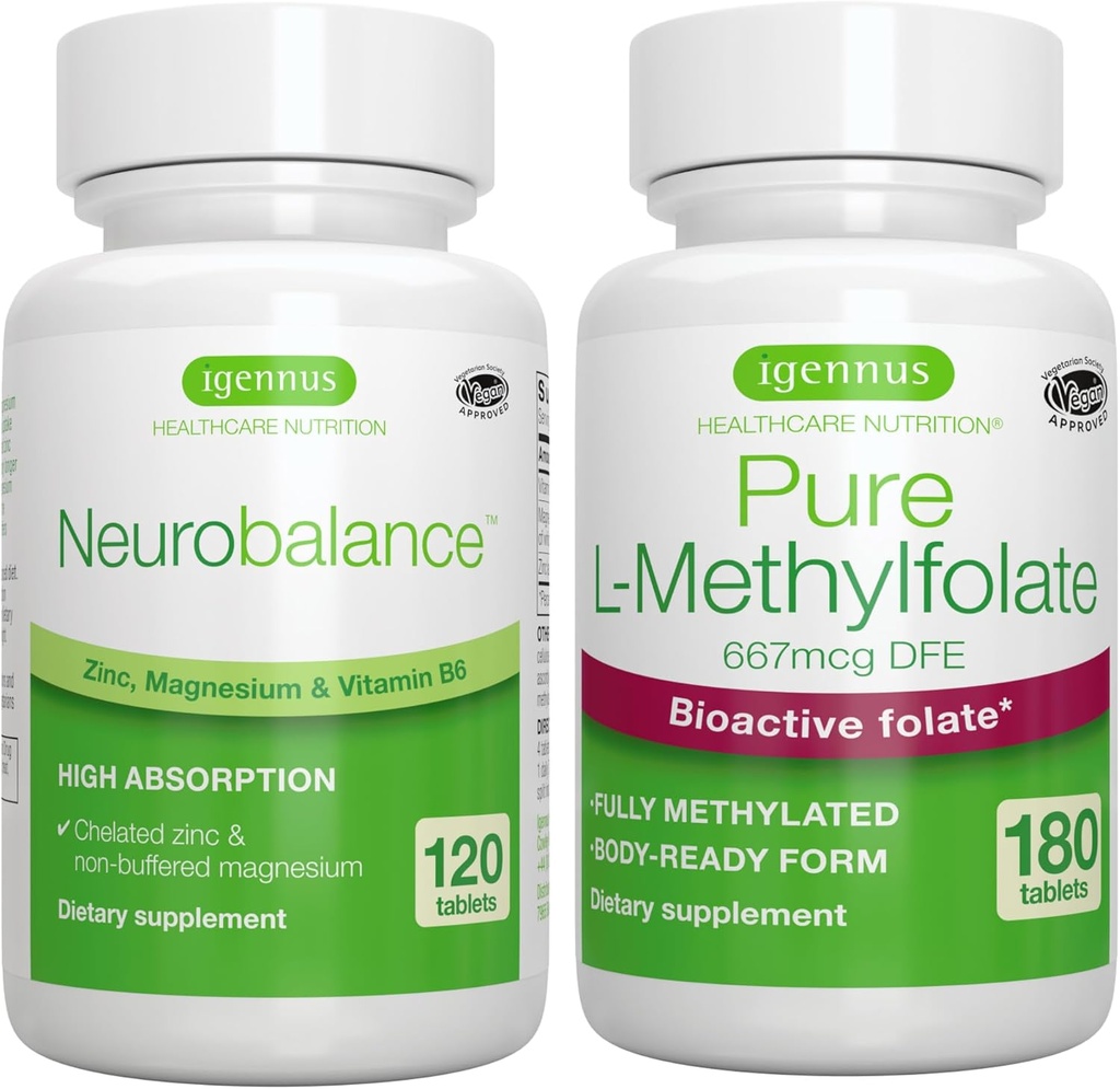 Neurotasapaino Sinkki, magnesium ja B6-vitamiini + puhdas folaatti 400 mcg Vegan Bundle, kelatedsinkkipikolinaatti 24 mg, oksiditon magnesium ja B6-vitamiini + optimoitu L-metyylifolaatti, Igennus