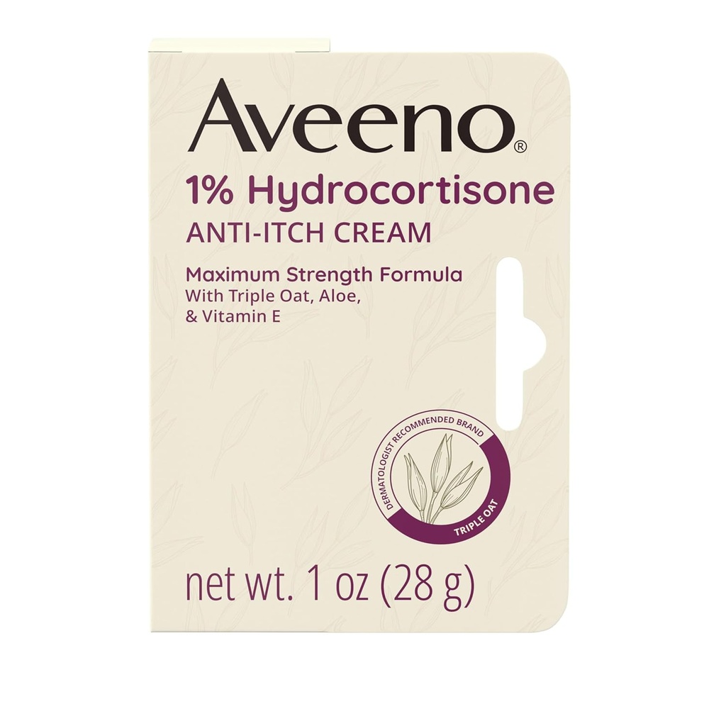 Aveeno Maximum Strength 1% Hydrokortisoni Anti-Itch Cream, Aloe ja E-vitamiini kutisevat ihottumasta, psoriaasista, Hyönteisbiitteistä, Myrkystä, Oak & Sumac & Detergents, 1 oz