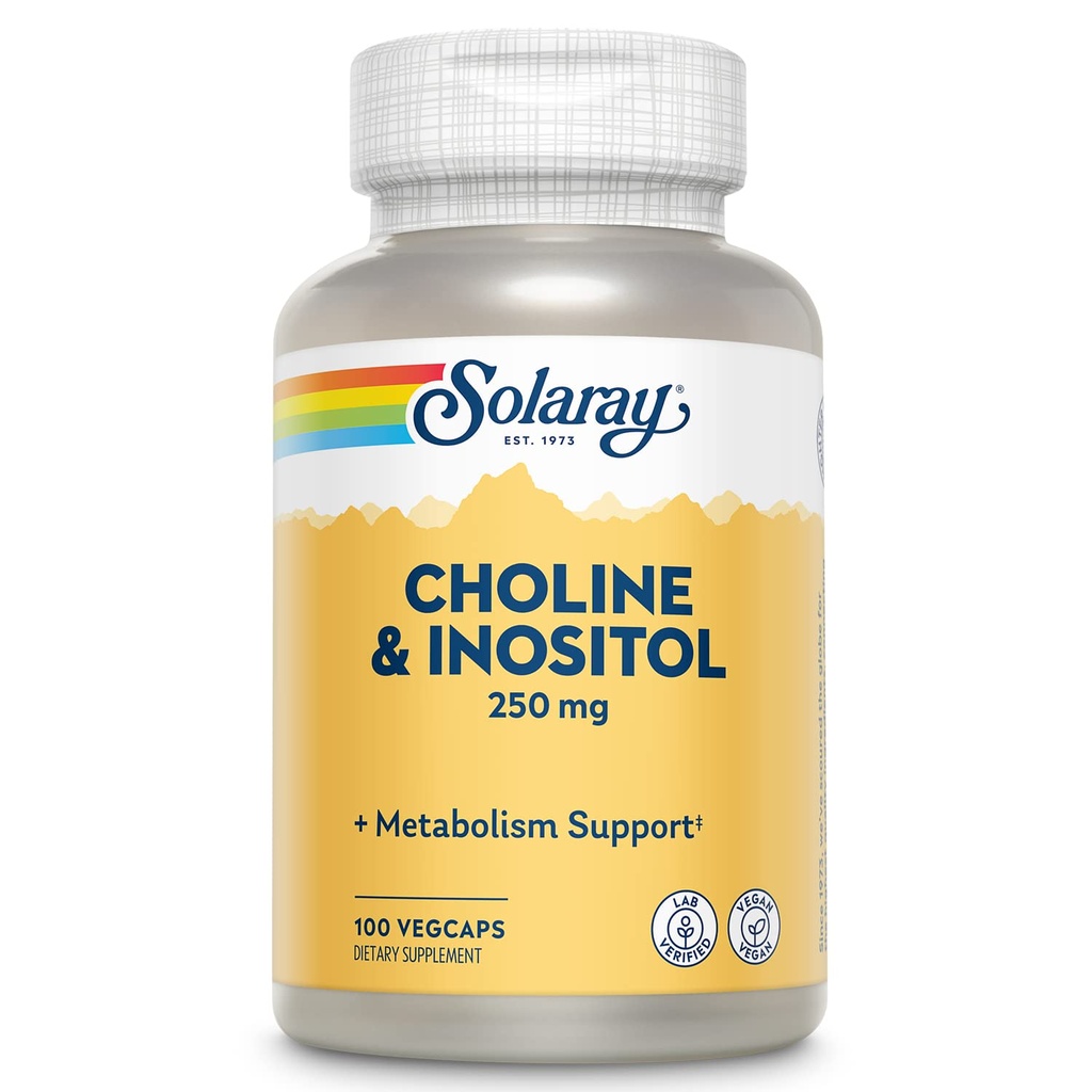 SOLARAY Choline & Inositol 250 mg | Two-Nutrient Combo för hälsosam fettmetabolism, hjärnfunktionsstöd | 100 VegCaps