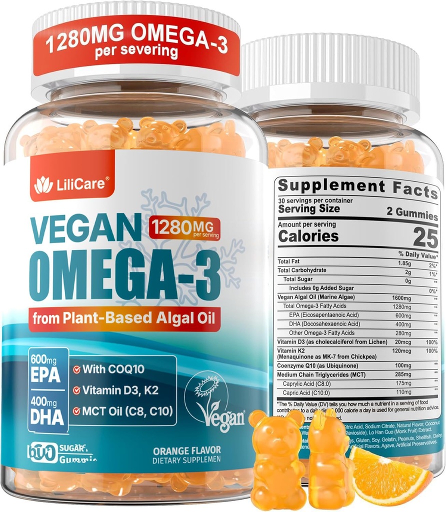 Vegan Omega-3 Gummies 1280mg + COQ10 + D3-vitamiini K2 (MK7), Omega 3 Fish Oil Vaihtoehtoiset aikuiset w/EPA 600mg DHA 400mg & MCT Öljy, Ei kala maku Marine Algae, Brain, Eye, Immuniteetti, 1 pakkaus