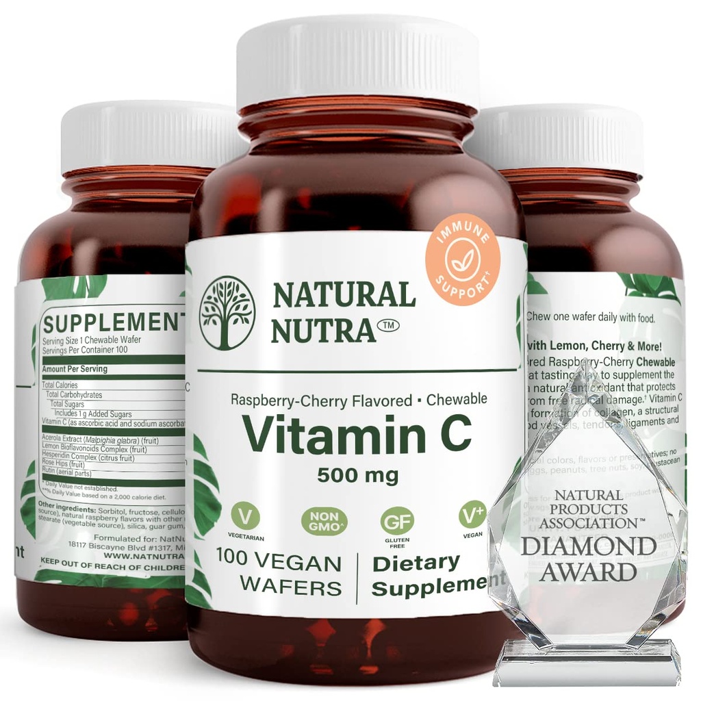 Natural Nutra Vitamin C Supplement för barn och vuxna, Immune Booster, hjälper till att stödja benhälsa, skydda hud och hjärthälsa, grönsakskälla, 500 mg, 100 Vegan Wafers